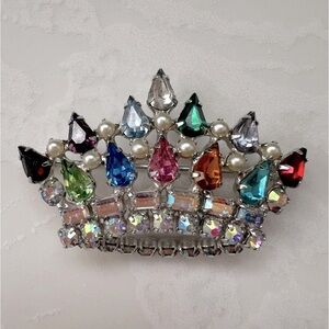 Vintage 1950’s Signed B David Multicolored Rhinestone Pearl Crown Brooch